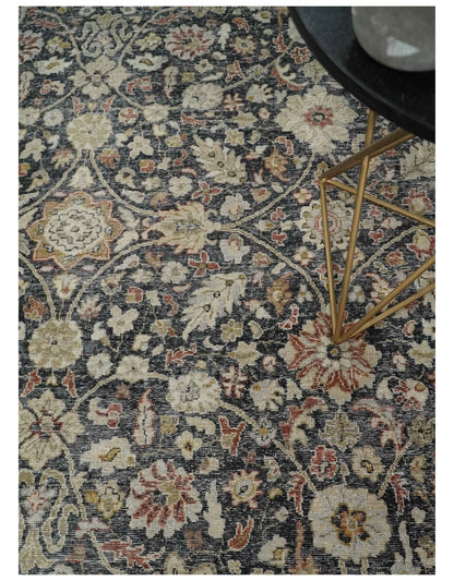 Hand Knotted Traditional Black, Rust and Beige Textured Low Pile Distressed Wool Rug.