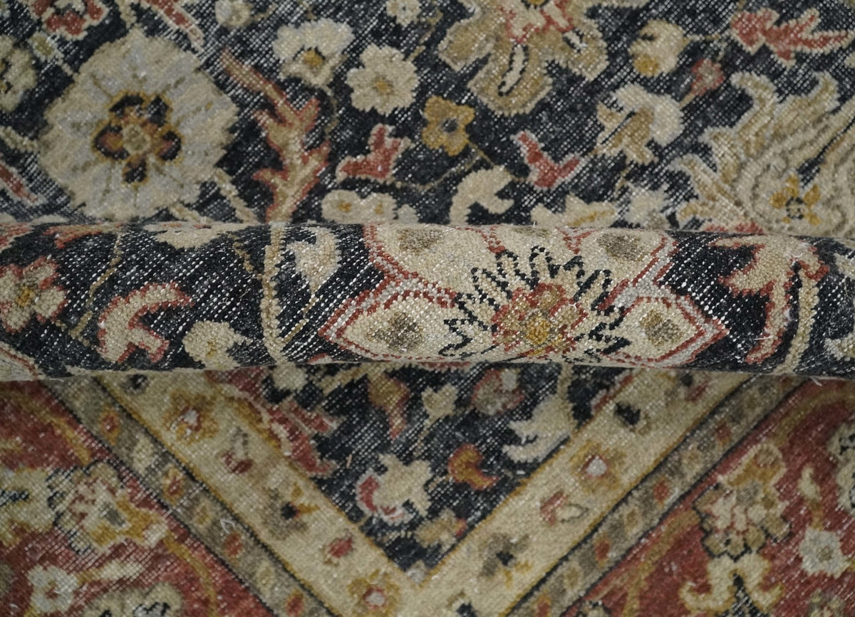 Hand Knotted Traditional Black, Rust and Beige Textured Low Pile Distressed Wool Rug.