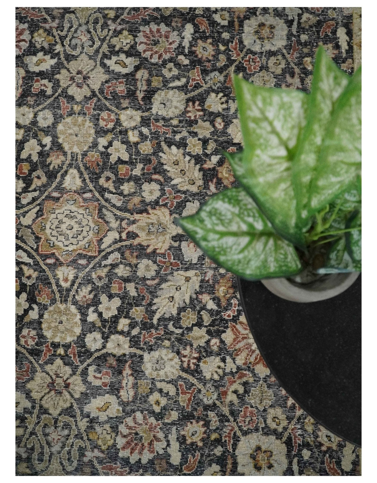 Hand Knotted Traditional Black, Rust and Beige Textured Low Pile Distressed Wool Rug.