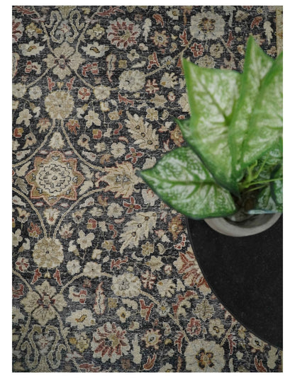 Hand Knotted Traditional Black, Rust and Beige Textured Low Pile Distressed Wool Rug.