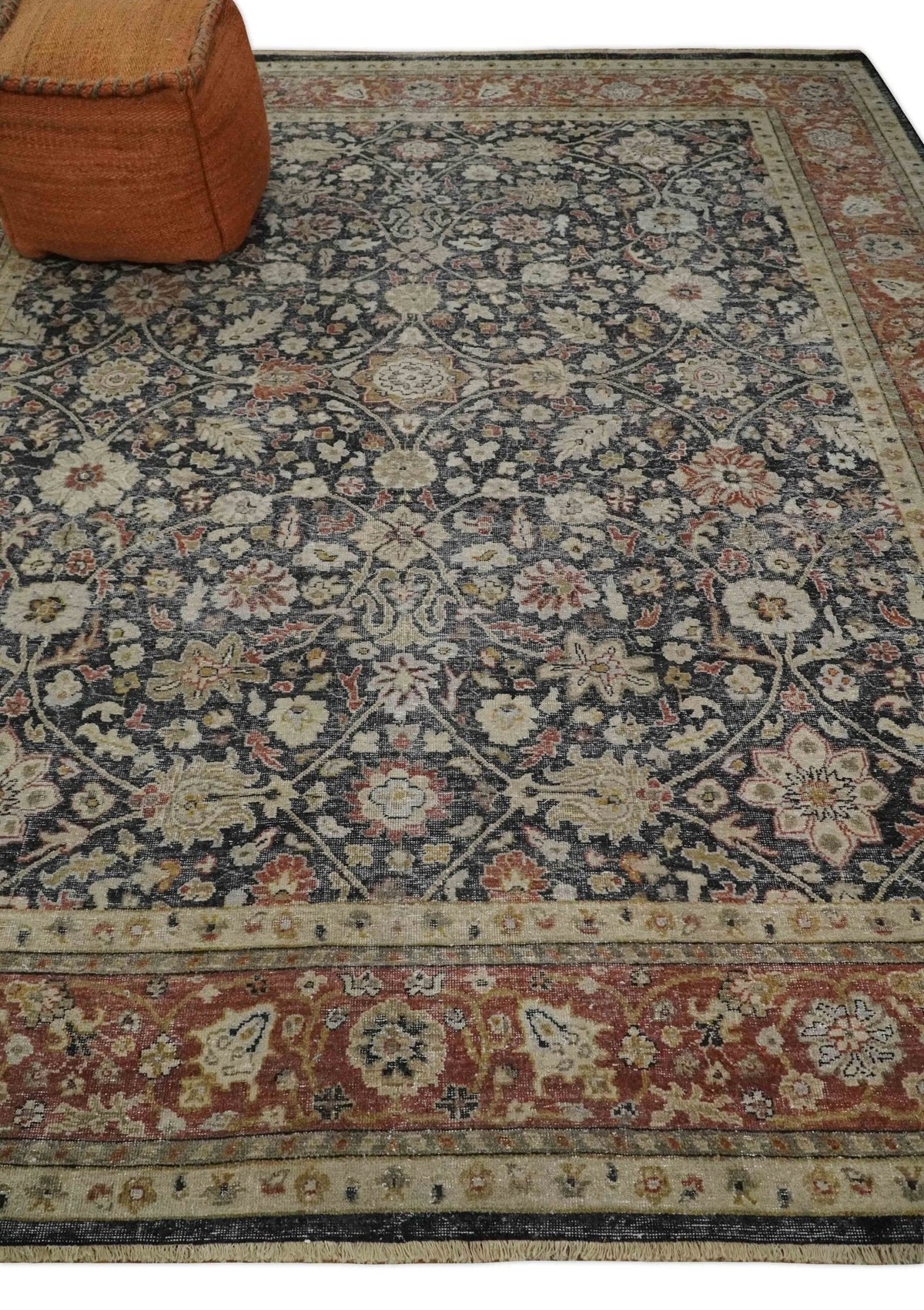 Hand Knotted Traditional Black, Rust and Beige Textured Low Pile Distressed Wool Rug.