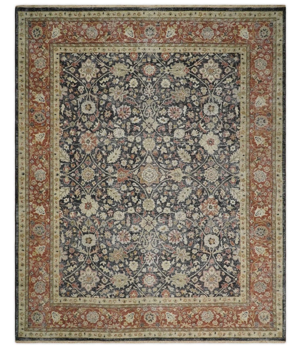 Hand Knotted Traditional Black, Rust and Beige Textured Low Pile Distressed Wool Rug.