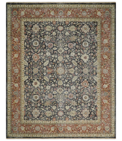 Hand Knotted Traditional Black, Rust and Beige Textured Low Pile Distressed Wool Rug.