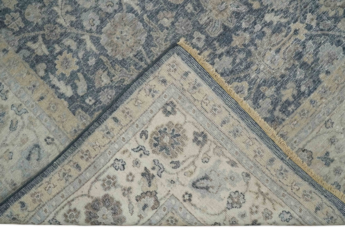 Custom Made Hand Knotted Traditional Blue and Beige Antique Textured Low Pile Distressed Wool Rug.