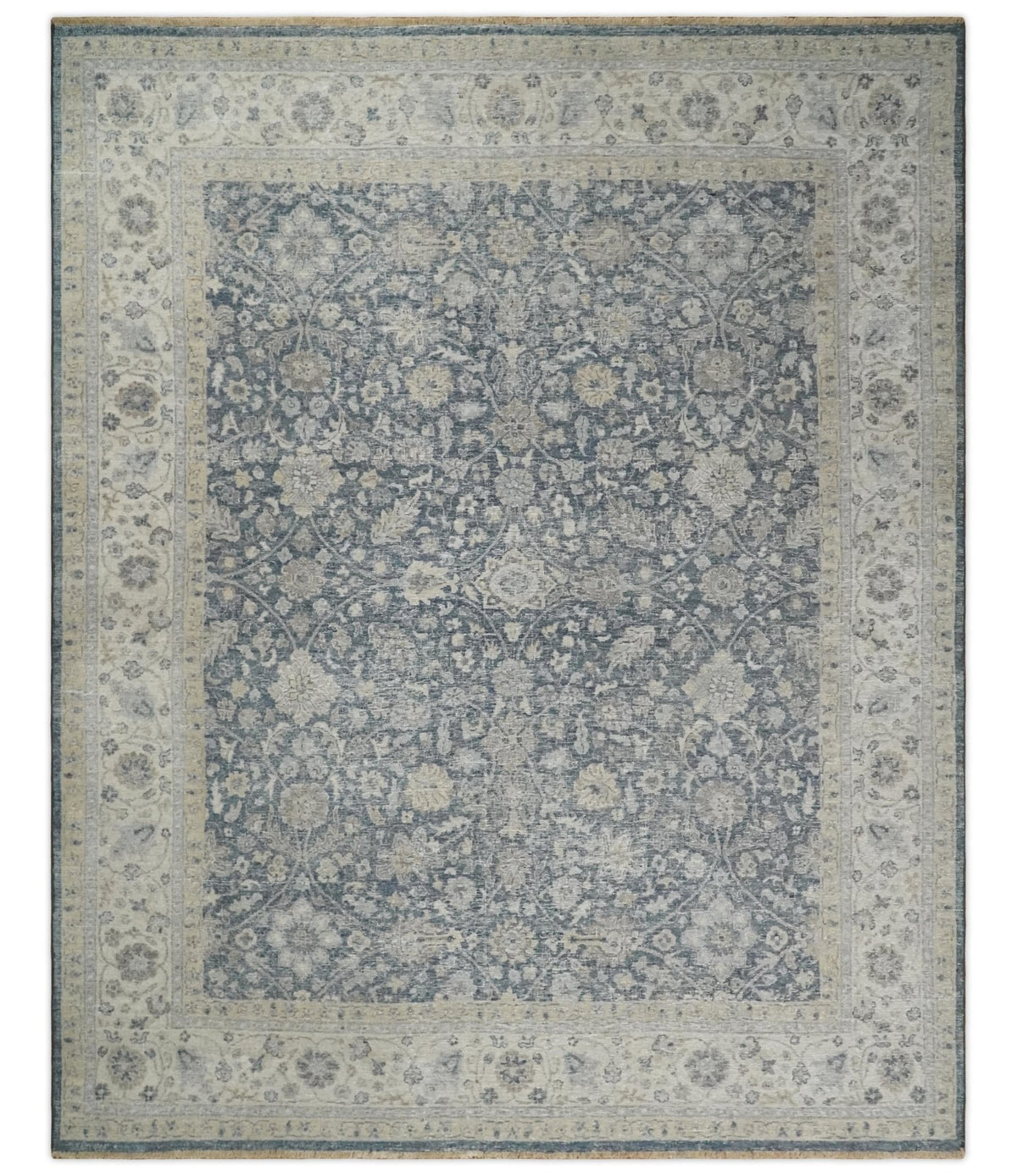 Custom Made Hand Knotted Traditional Blue and Beige Antique Textured Low Pile Distressed Wool Rug.