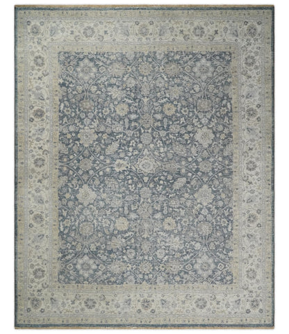 Custom Made Hand Knotted Traditional Blue and Beige Antique Textured Low Pile Distressed Wool Rug.