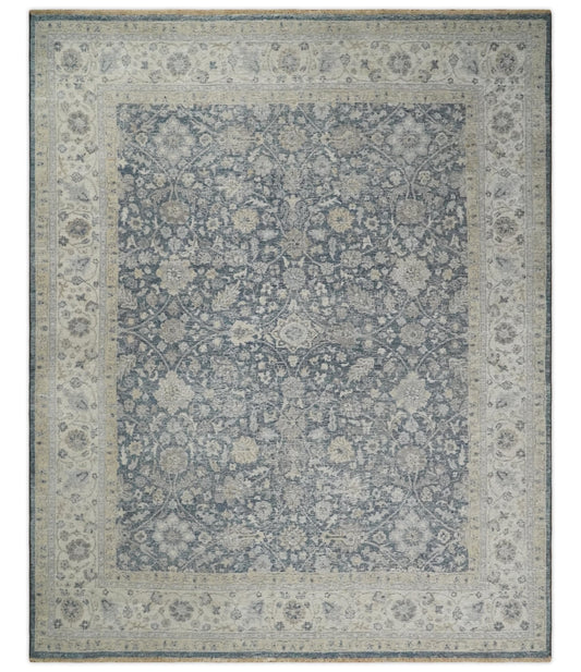 Custom Made Hand Knotted Traditional Blue and Beige Antique Textured Low Pile Distressed Wool Rug.