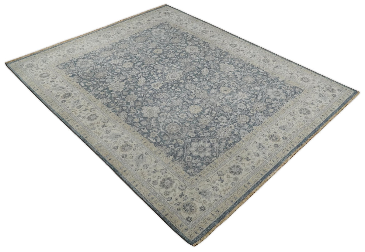 Custom Made Hand Knotted Traditional Blue and Beige Antique Textured Low Pile Distressed Wool Rug.