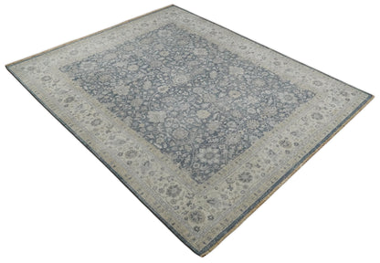 Custom Made Hand Knotted Traditional Blue and Beige Antique Textured Low Pile Distressed Wool Rug.
