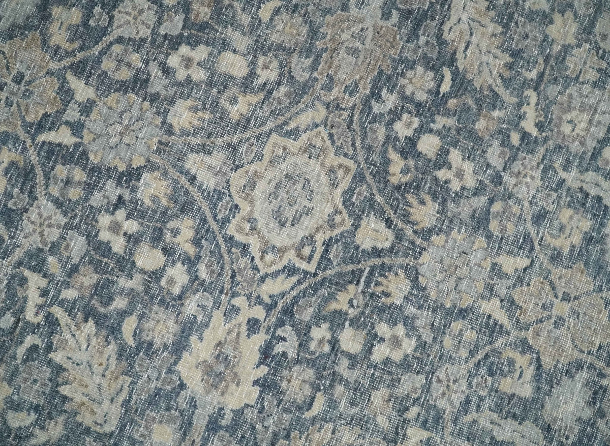 Custom Made Hand Knotted Traditional Blue and Beige Antique Textured Low Pile Distressed Wool Rug.