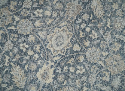 Custom Made Hand Knotted Traditional Blue and Beige Antique Textured Low Pile Distressed Wool Rug.