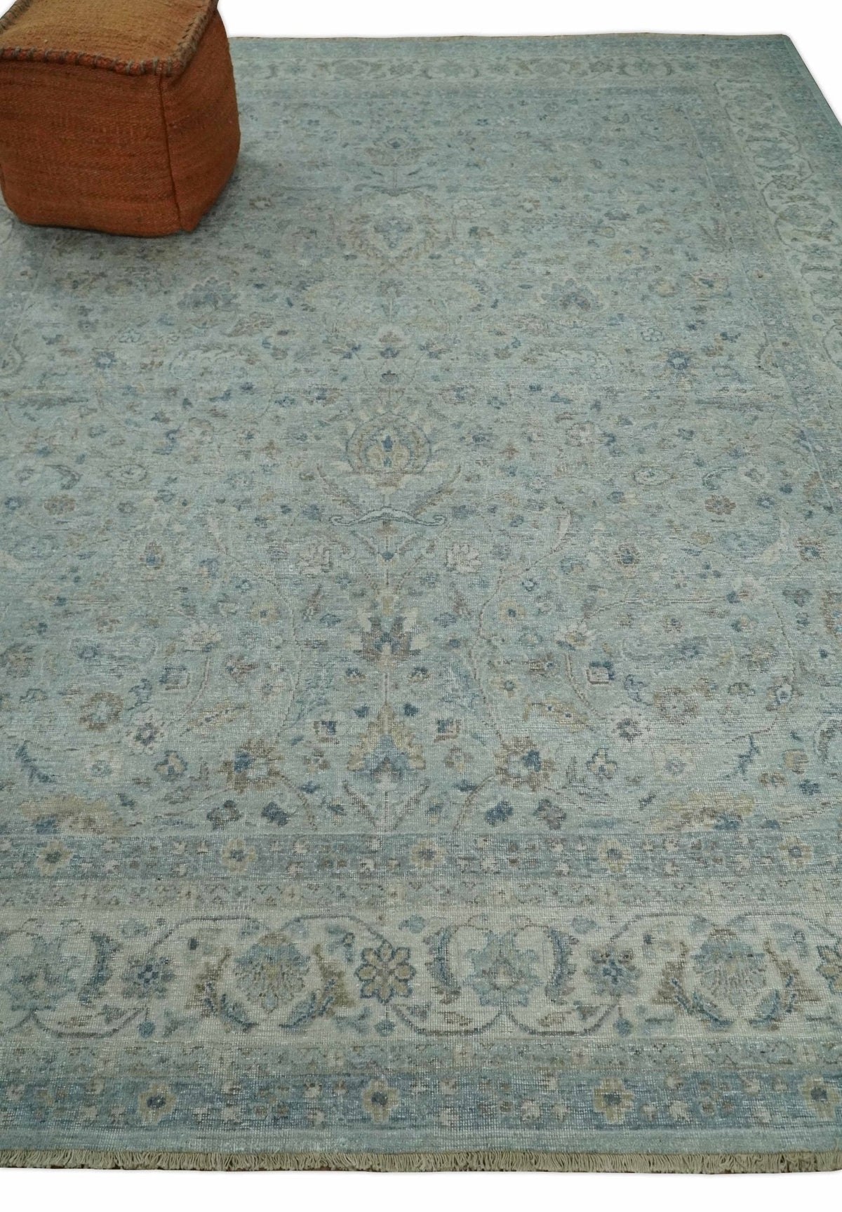 Hand Knotted Traditional Silver, brown and Beige Antique Textured Low Pile Distressed Wool Rug | TRD53114.