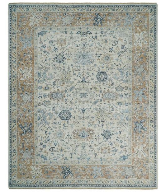 Vintage Style Ivory and Rust Traditional Oxidized Textured Low Pile Multi Size Wool Rug.