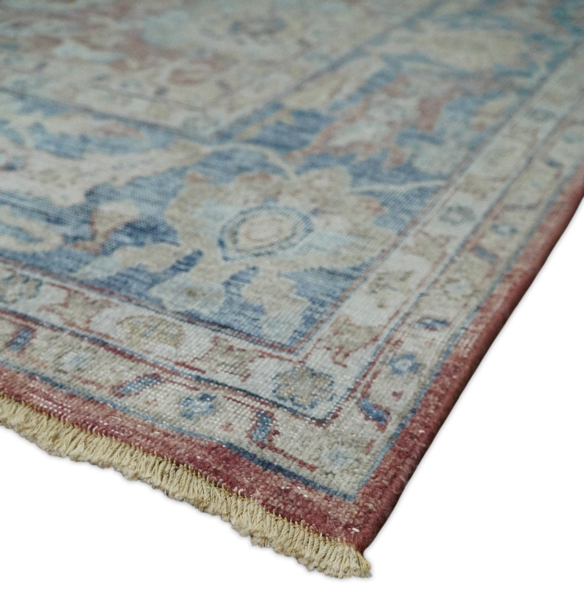 Vintage Hand Knotted 8x10 Rust and Blue Traditional Oxidized Textured Persian Low Pile Wool Rug | TRD2601.
