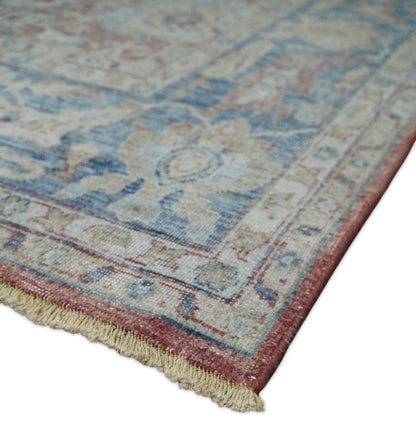 Vintage Hand Knotted 8x10 Rust and Blue Traditional Oxidized Textured Persian Low Pile Wool Rug | TRD2601.