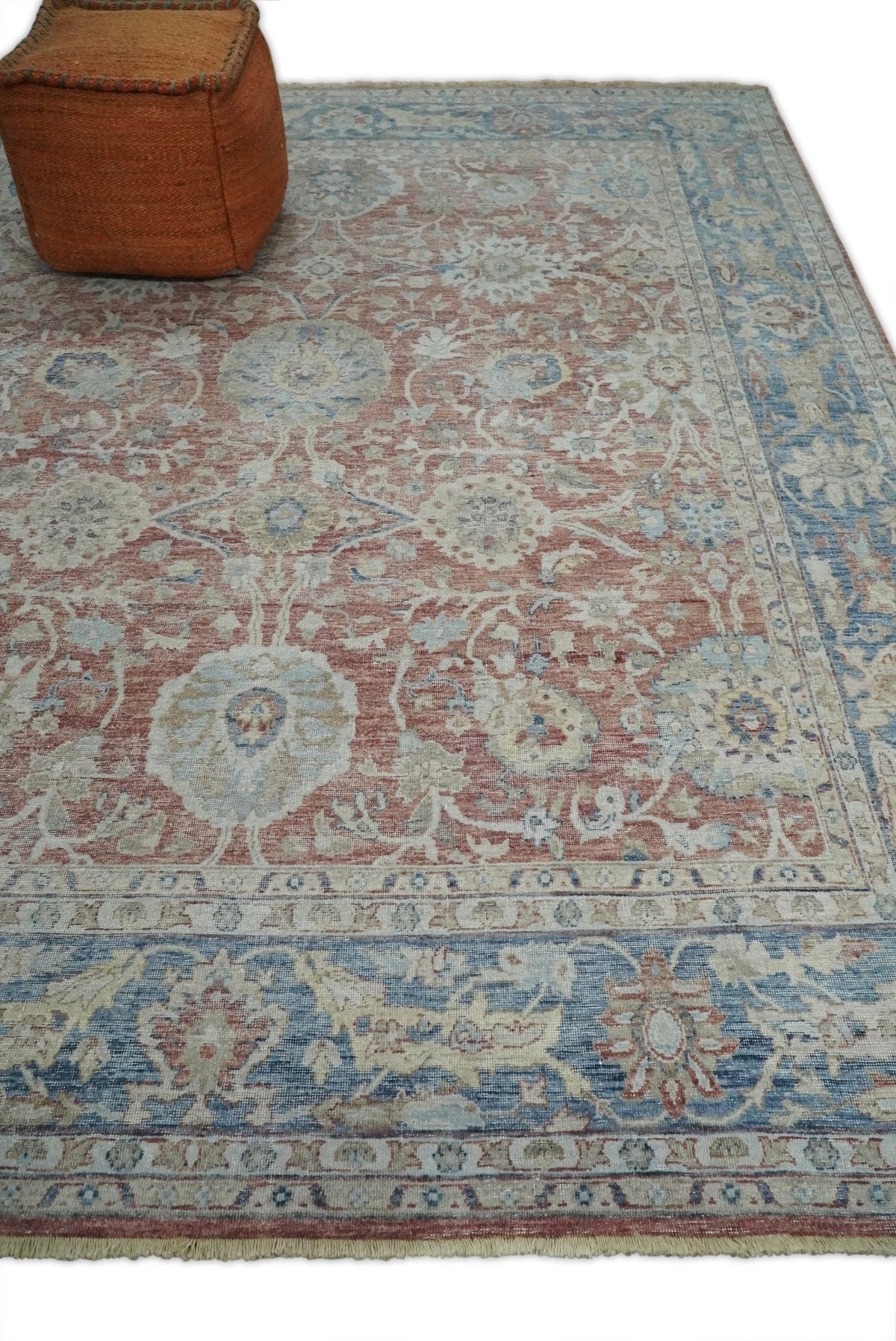 Vintage Hand Knotted 8x10 Rust and Blue Traditional Oxidized Textured Persian Low Pile Wool Rug | TRD2601.