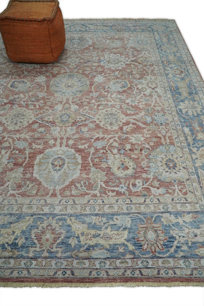 Vintage Hand Knotted 8x10 Rust and Blue Traditional Oxidized Textured Persian Low Pile Wool Rug | TRD2601.