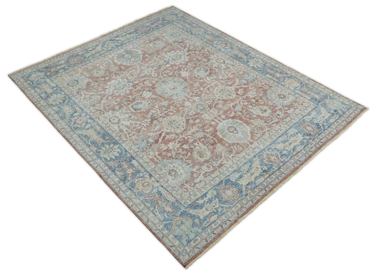 Vintage Hand Knotted 8x10 Rust and Blue Traditional Oxidized Textured Persian Low Pile Wool Rug | TRD2601.