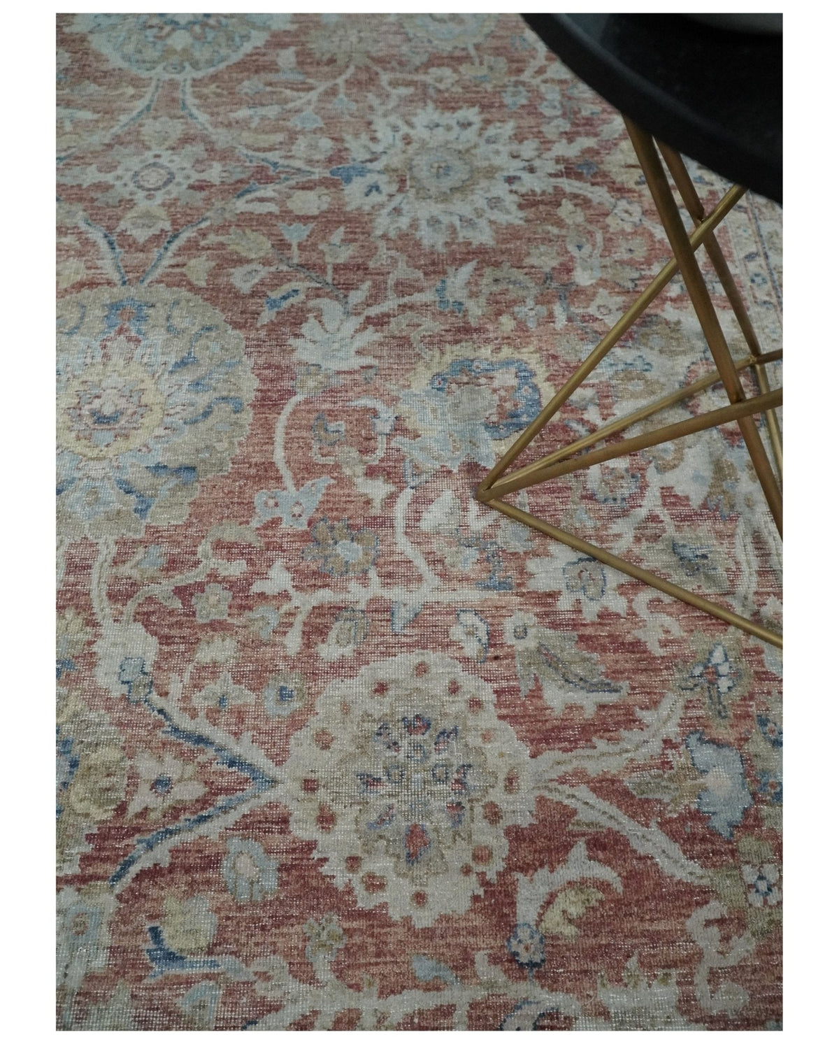 Vintage Hand Knotted 8x10 Rust and Blue Traditional Oxidized Textured Persian Low Pile Wool Rug | TRD2601.