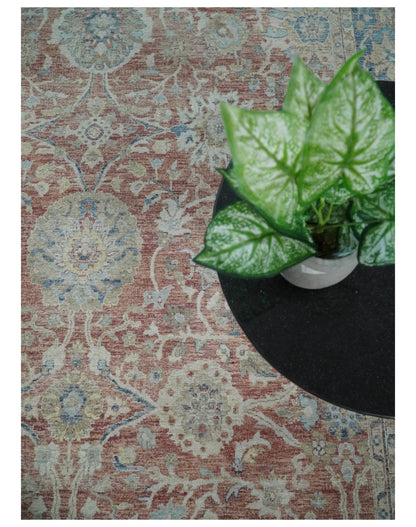 Vintage Hand Knotted 8x10 Rust and Blue Traditional Oxidized Textured Persian Low Pile Wool Rug | TRD2601.