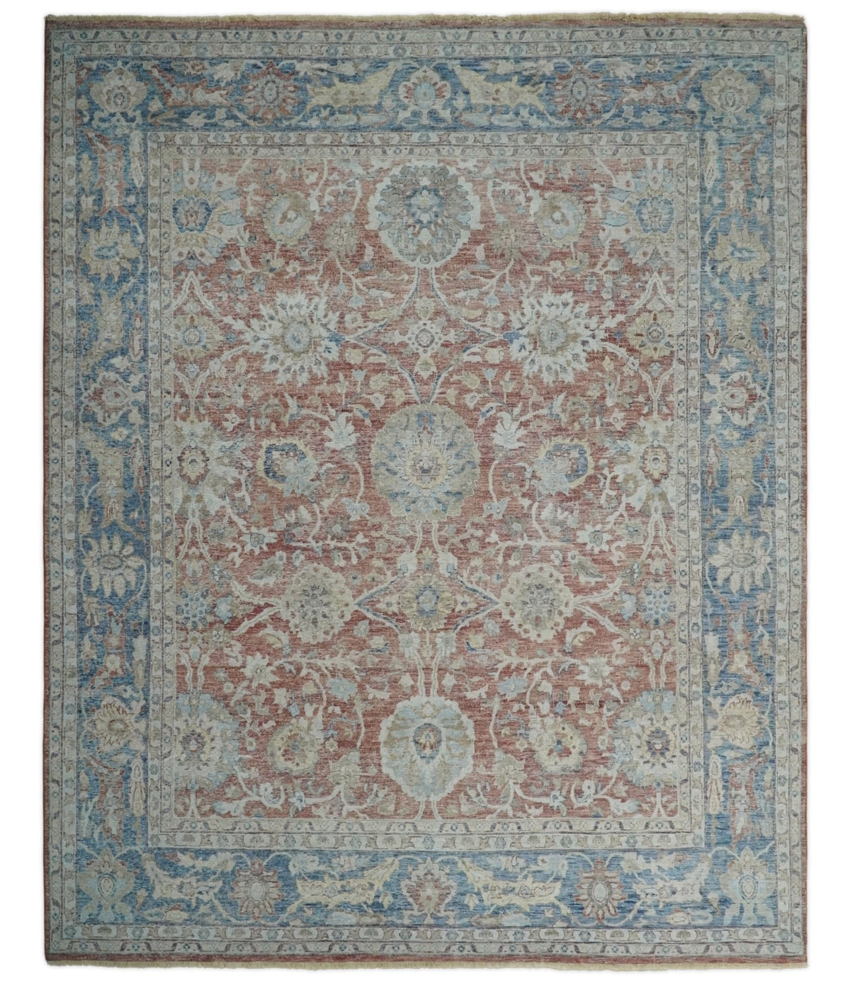 Vintage Hand Knotted 8x10 Rust and Blue Traditional Oxidized Textured Persian Low Pile Wool Rug | TRD2601.