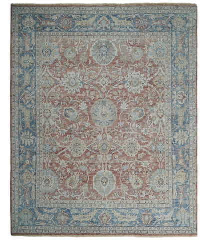 Vintage Hand Knotted 8x10 Rust and Blue Traditional Oxidized Textured Persian Low Pile Wool Rug | TRD2601.