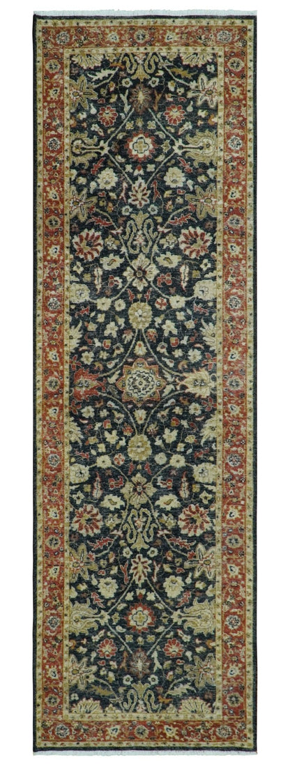 Hand Knotted Traditional Black, Rust and Beige Textured Low Pile Distressed Wool Rug.