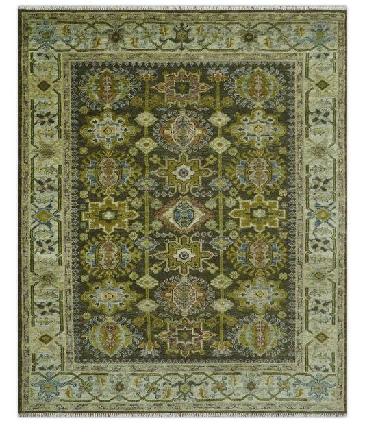 Vintage Style Earthy Green and Silver Traditional Hand Knotted Multi Size wool area rug.