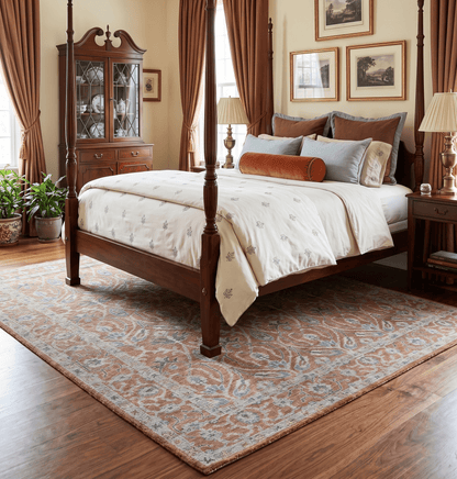 Vintage Style Hand Knotted Serapi Blue and Rust Traditional Custom Made Area Rug.