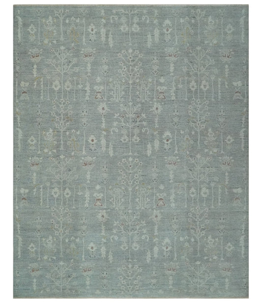 Vintage Texture, Low Pile Hand Knotted Silver and Ivory Traditional Oushak Multi Size Wool Area Rug.