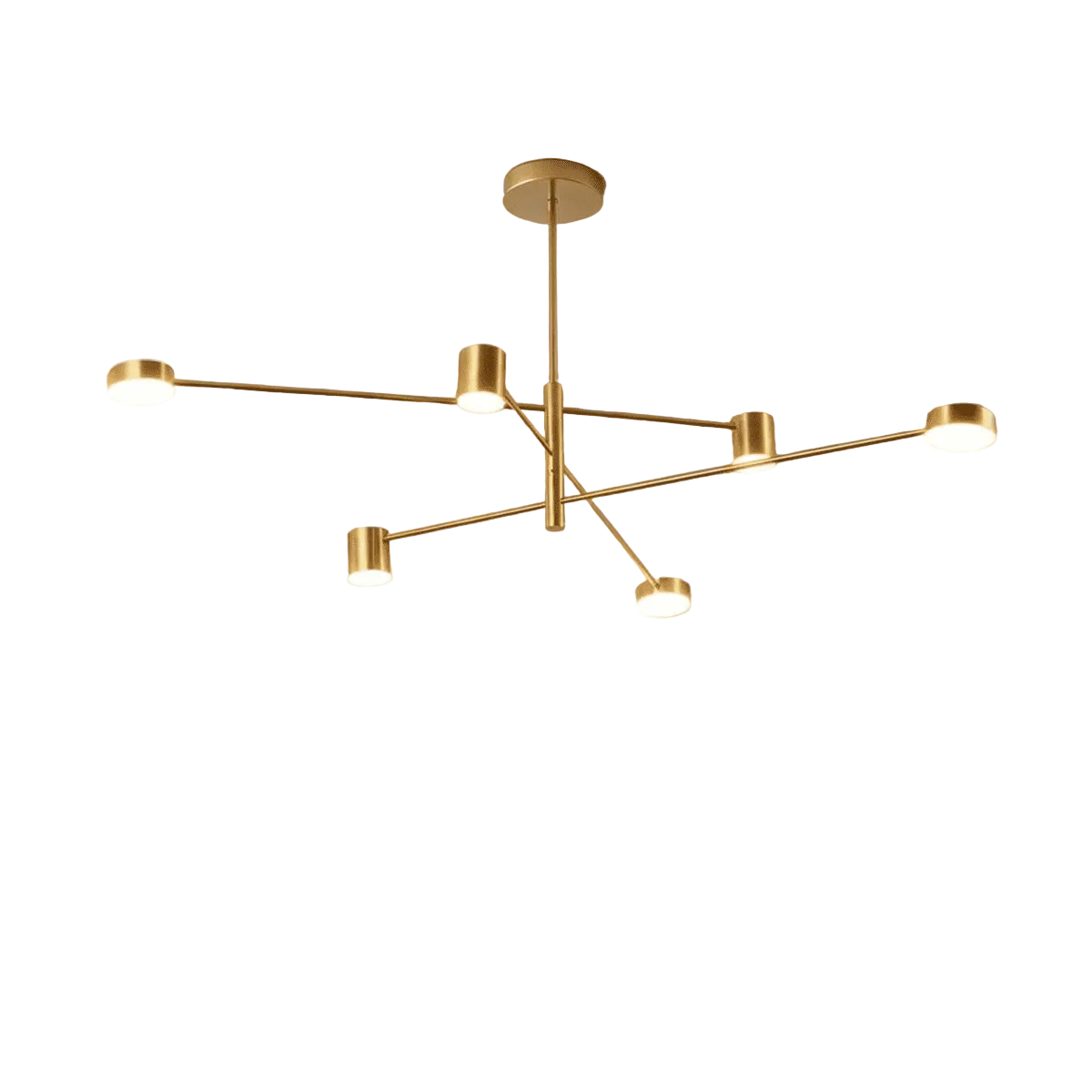 Gold ceiling lamp with multiple light fixtures on a textured beige wall.