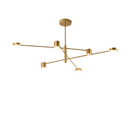 Gold ceiling lamp with multiple light fixtures on a textured beige wall.