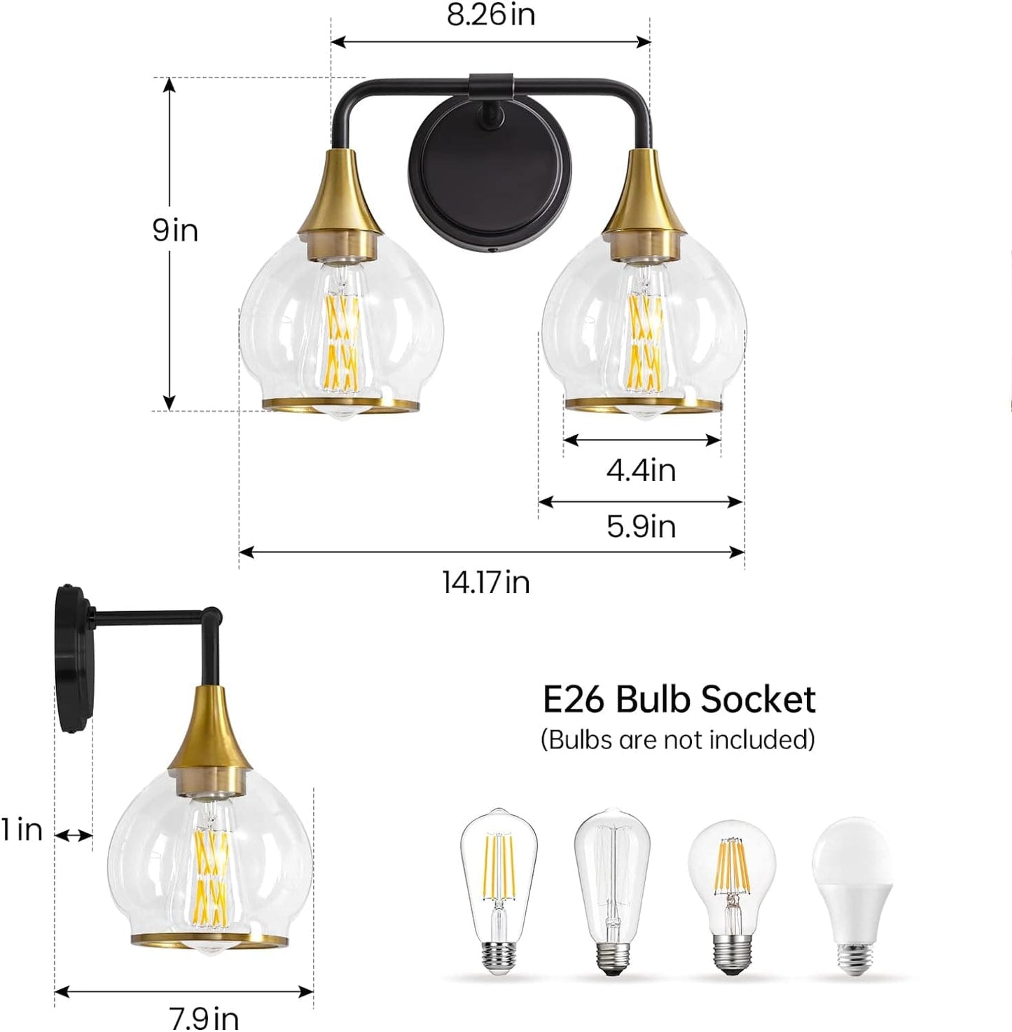 Design Max LLC Wall Lights 2 Lights Modern Black and Gold Wall Sconce for Bathroom with Clear Glass Shade Modern Black and Gold Wall Sconce for Bathroom with Clear Glass Shade