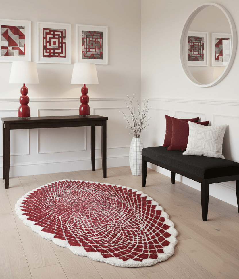 Living room with a red and white patterned rug, black bench, and red lamps.