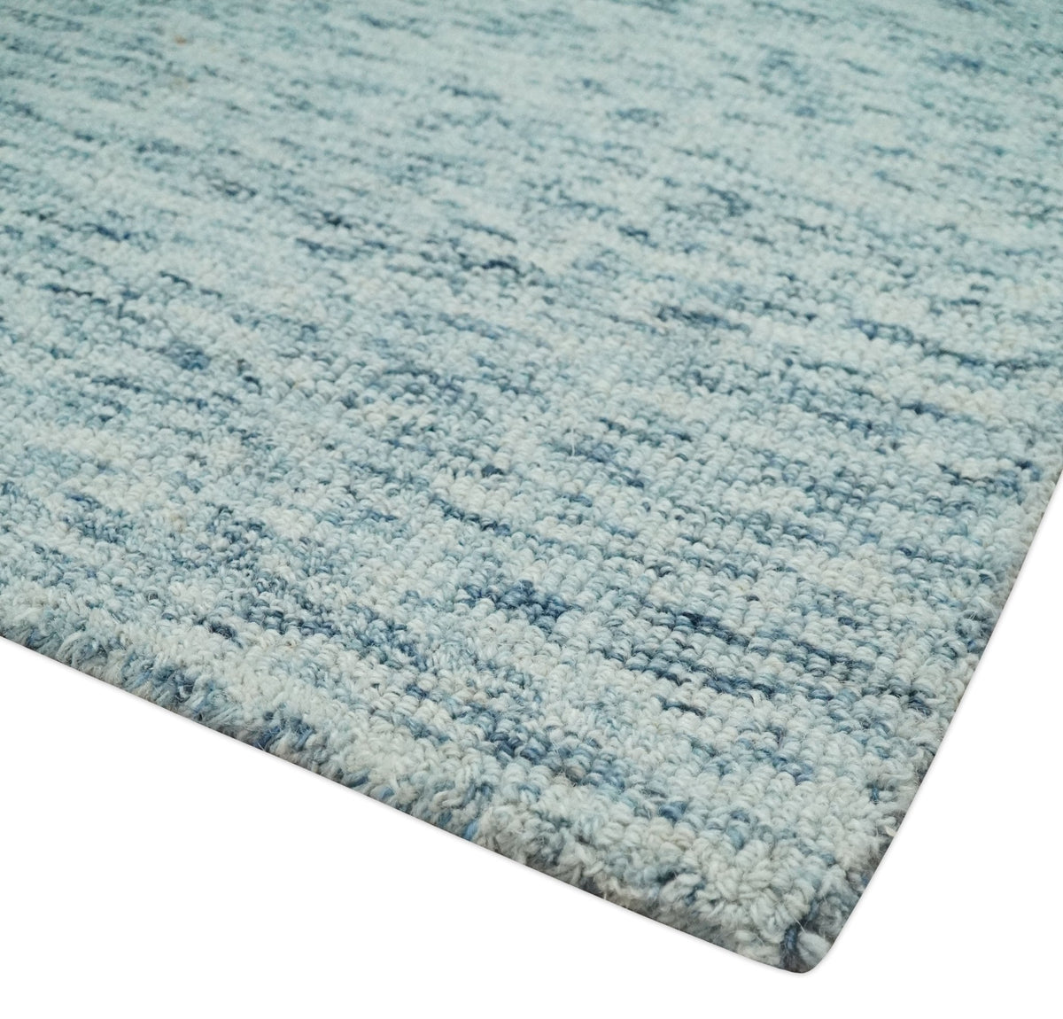 Custom Made Ivory and Blue Abstract Hand Tufted Wool Area Rug.