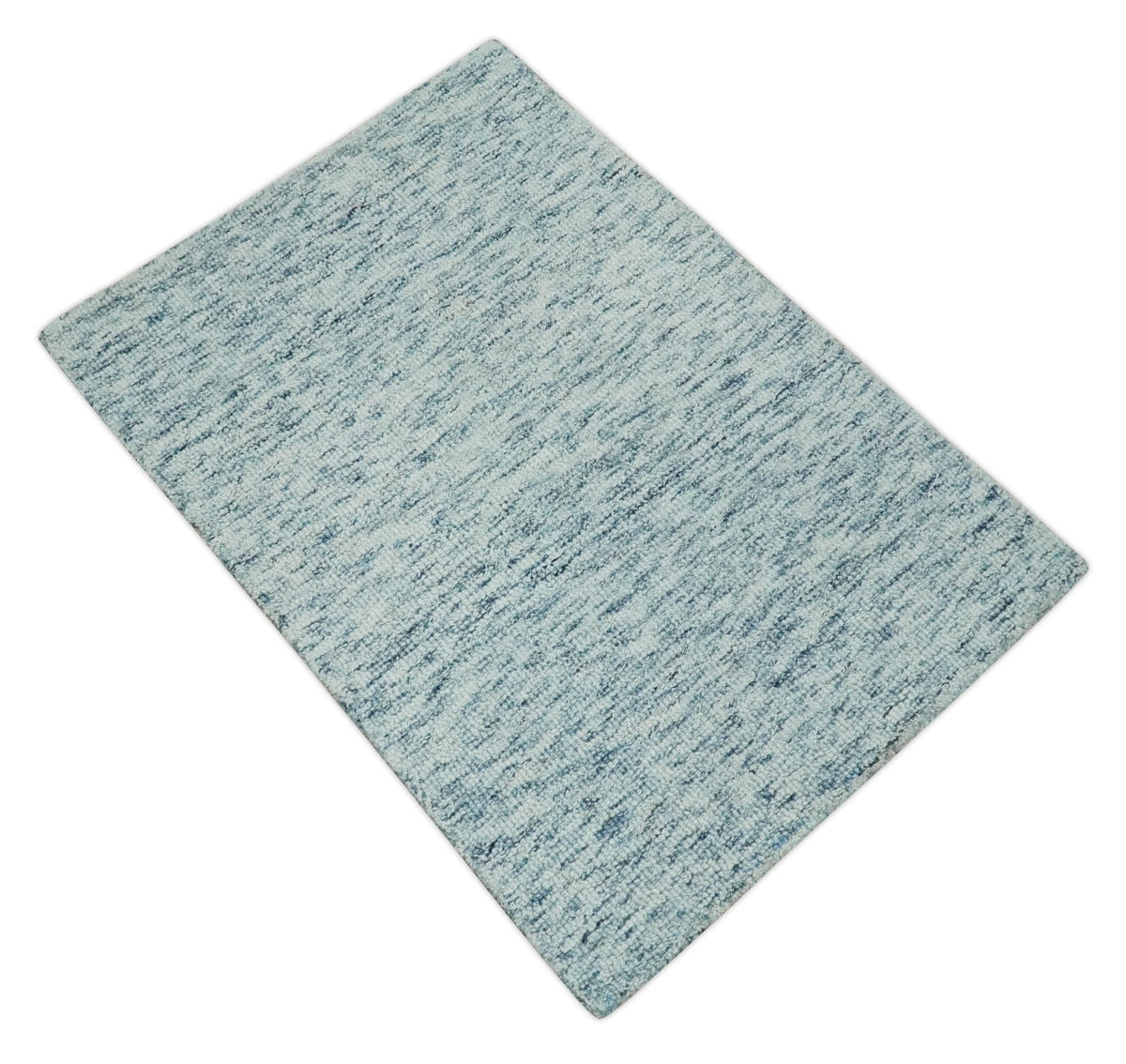 Custom Made Ivory and Blue Abstract Hand Tufted Wool Area Rug.