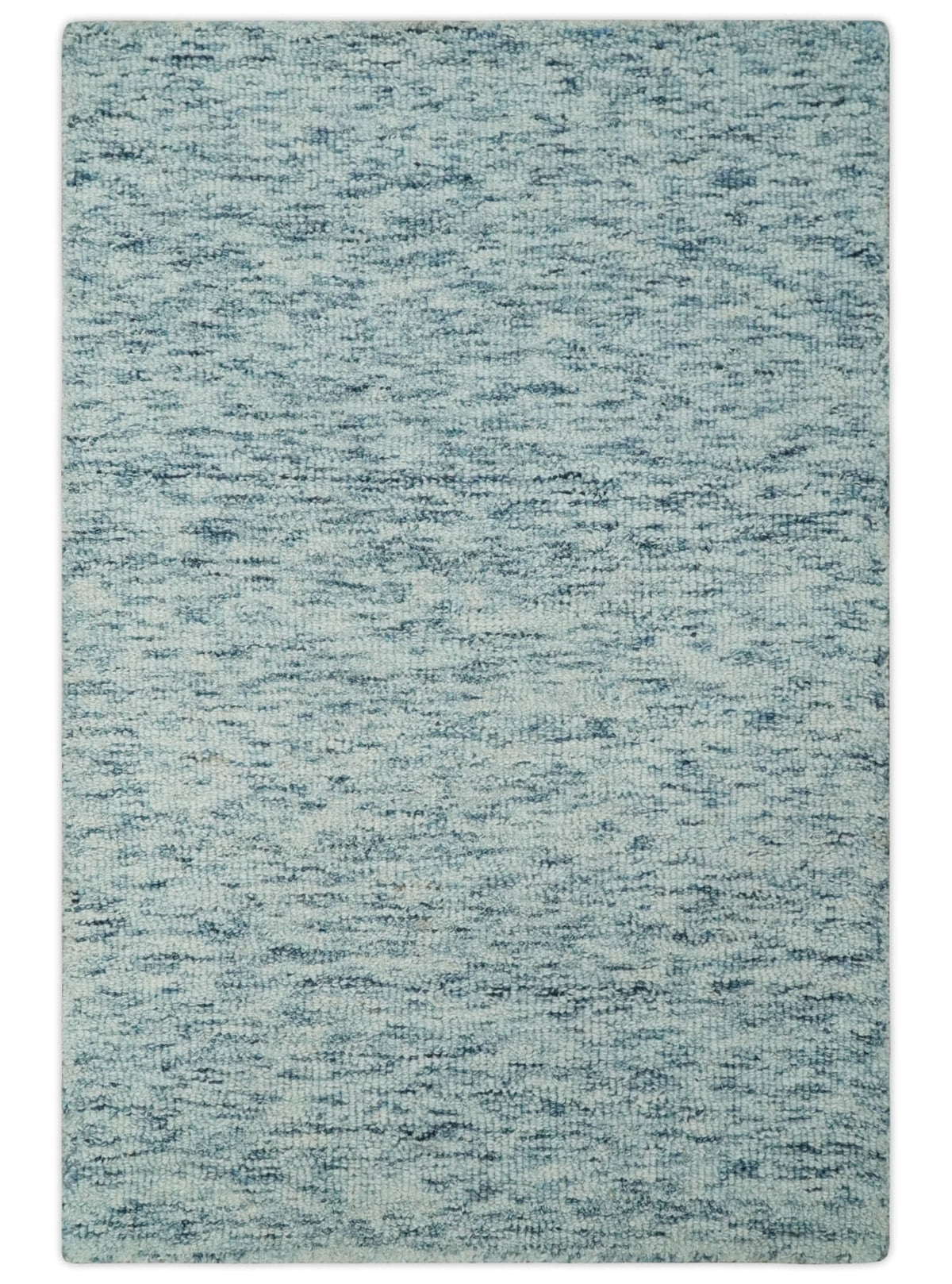 Custom Made Ivory and Blue Abstract Hand Tufted Wool Area Rug.