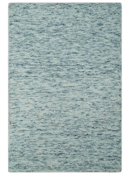 Custom Made Ivory and Blue Abstract Hand Tufted Wool Area Rug.
