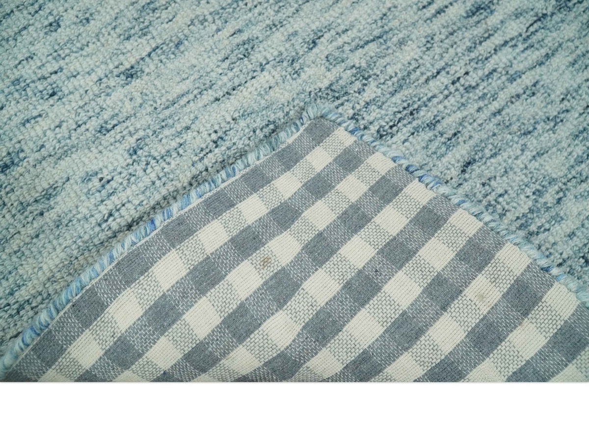 Custom Made Ivory and Blue Abstract Hand Tufted Wool Area Rug.