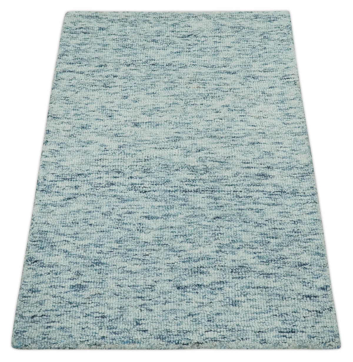 Custom Made Ivory and Blue Abstract Hand Tufted Wool Area Rug.