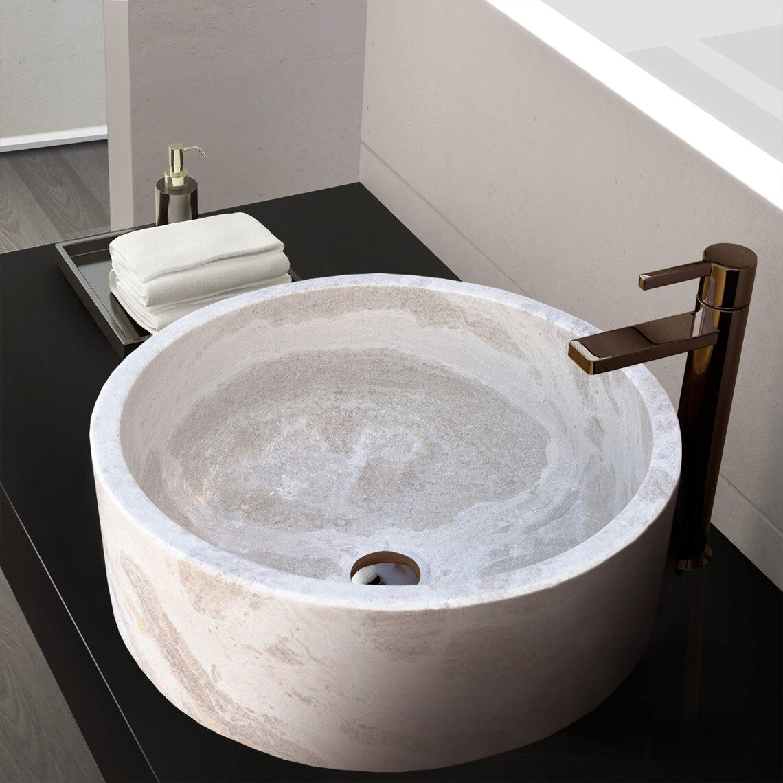 Natural Stone White Limestone Vessel Sink Polished (D)16" (H)6".