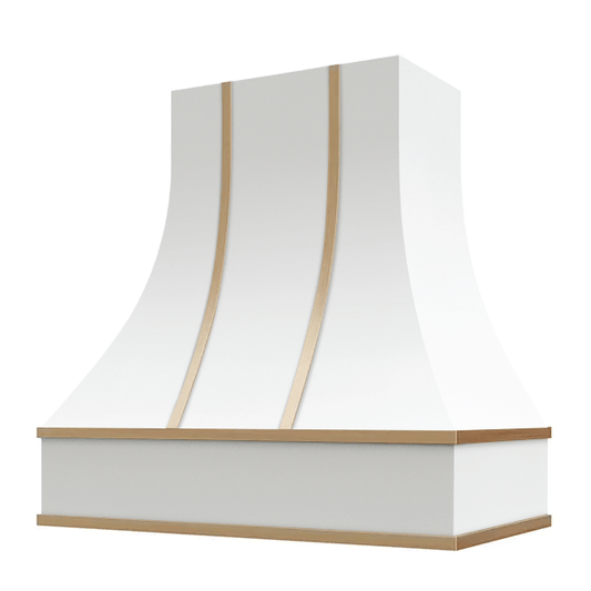 Riley & Higgs White Range Hood With Curved Front, Brass Strapping and Block Trim - 30", 36", 42", 48", 54" and 60" Widths Available