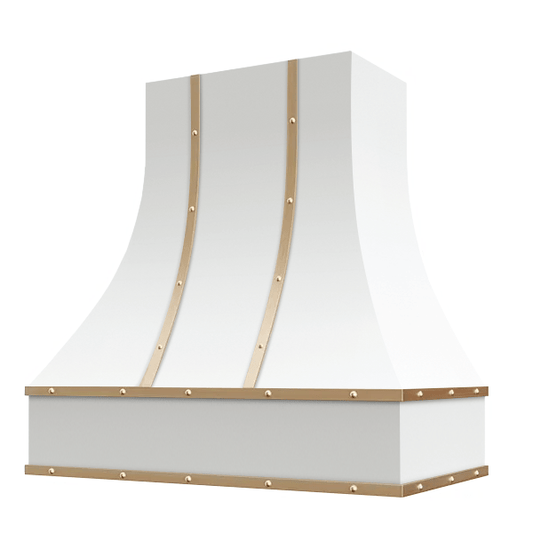 Riley & Higgs White Range Hood With Curved Front, Brass Strapping, Buttons and Block Trim - 30", 36", 42", 48", 54" and 60" Widths Available