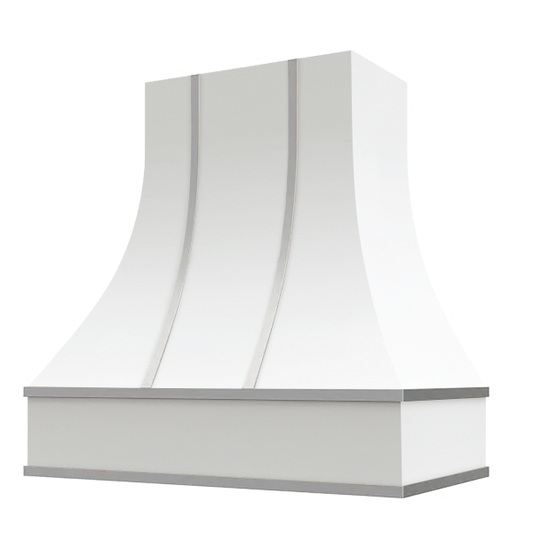 Riley & Higgs White Range Hood With Curved Front, Silver Strapping and Block Trim - 30", 36", 42", 48", 54" and 60" Widths Available