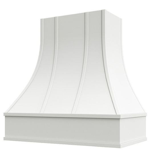 Riley & Higgs White Range Hood With Curved Strapped Front and Block Trim - 30", 36", 42", 48", 54" and 60" Widths Available