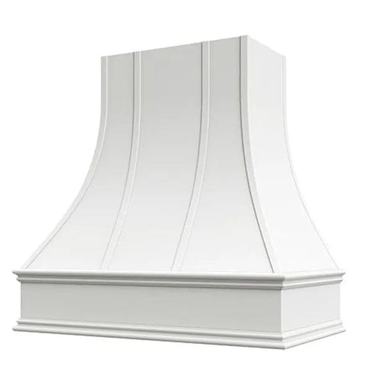 Riley & Higgs White Range Hood With Curved Strapped Front and Decorative Trim - 30", 36", 42", 48", 54" and 60" Widths Available