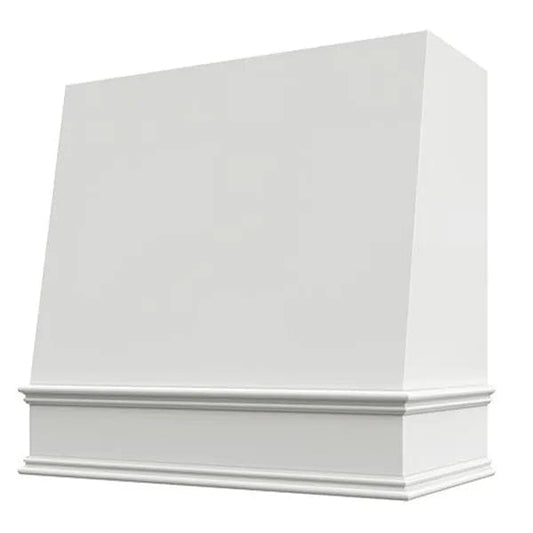 Riley & Higgs White Wood Range Hood With Angled Front and Decorative Trim - 30", 36", 42", 48", 54" and 60" Widths Available