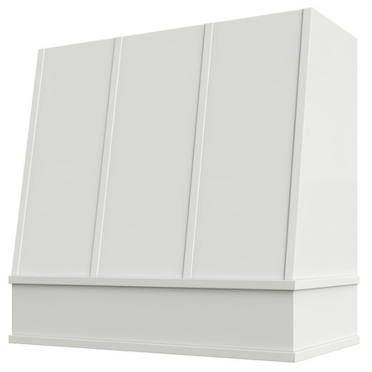 Riley & Higgs White Wood Range Hood With Angled Strapped Front and Block Trim - 30", 36", 42", 48", 54" and 60" Widths Available