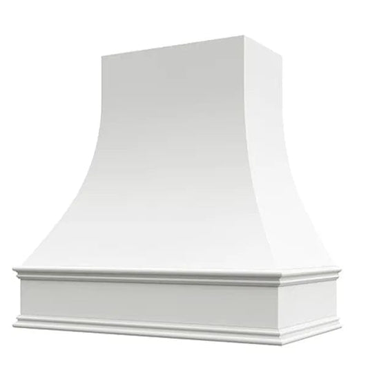 Riley & Higgs White Wood Range Hood With Curved Front and Decorative Trim - 30" 36" 42" 48" 54" and 60" Widths Available