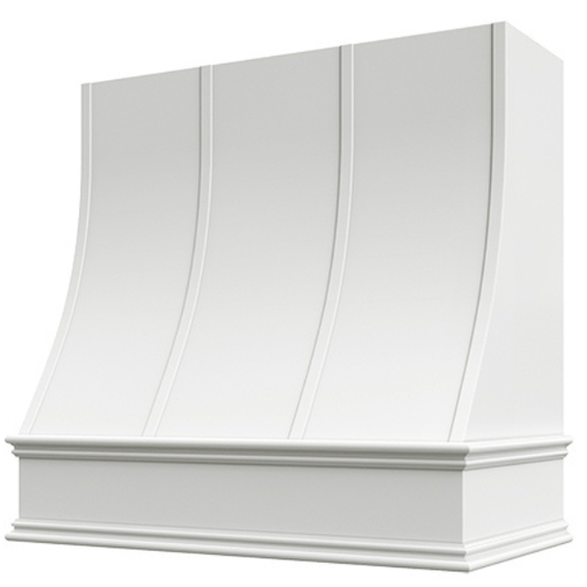Riley & Higgs White Wood Range Hood With Sloped Strapped Front and Decorative Trim - 30", 36", 42", 48", 54" and 60" Widths Available